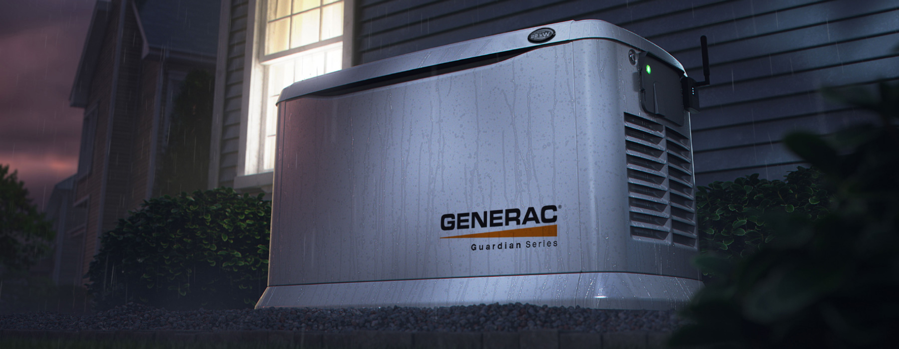 Generac Generator outside with rain droplets on it